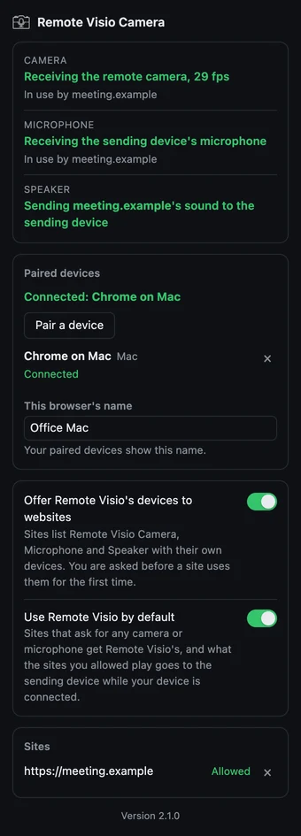 The Remote Visio extension's popup on the remote computer: camera, microphone and speaker all active for one allowed site, the paired device connected, the Pair a device button and the two switches.