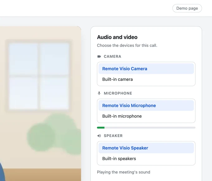 The audio and video settings of a web meeting on the remote computer (a demo page): Remote Visio Camera, Remote Visio Microphone and Remote Visio Speaker selected, next to the computer's own camera, microphone and speakers.