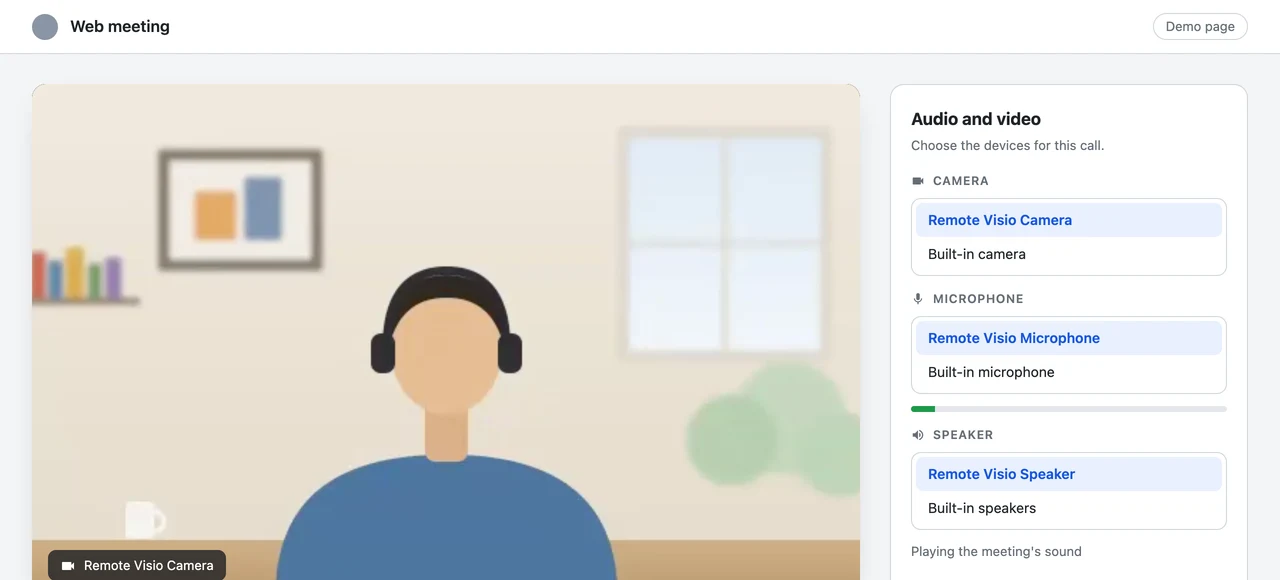 A web meeting on the remote computer (a demo page) using Remote Visio Camera, Remote Visio Microphone and Remote Visio Speaker, picked like any other device.