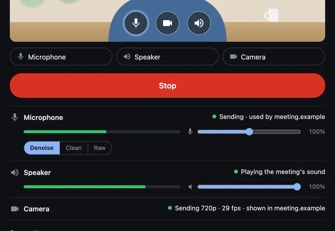 Remote Visio's sender page in a laptop browser during a call: the microphone, camera and speaker buttons, and three green statuses: Sending, used by meeting.example; Playing the meeting's sound; Sending 720p at 29 fps, shown in meeting.example.