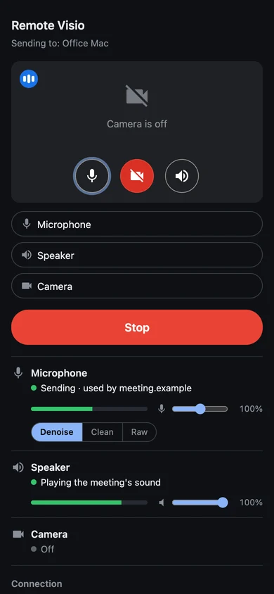 Remote Visio's sender page on a phone with the camera turned off while the microphone and speaker keep working.