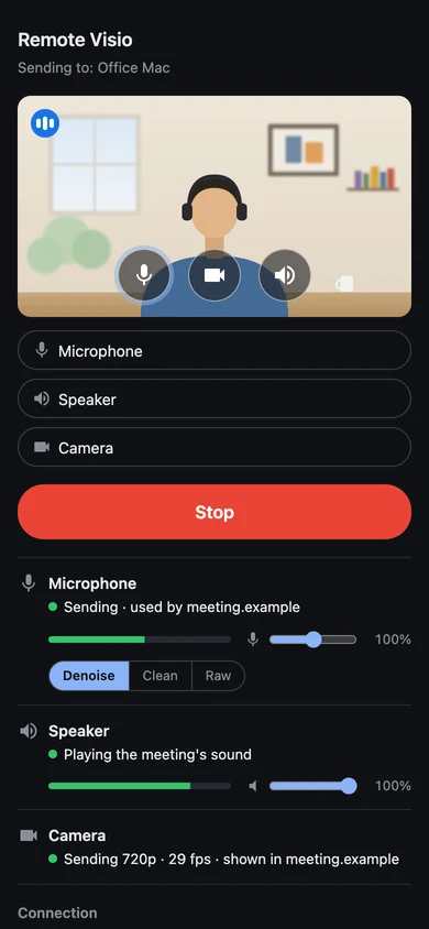 Remote Visio's sender page on a phone during a call: the camera preview, and green statuses for the microphone, speaker and camera used by a meeting on the remote computer.