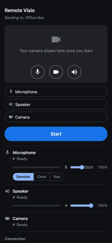 Remote Visio's sender page on a phone before starting: the paired computer selected, microphone, speaker and camera ready, and a Start button.